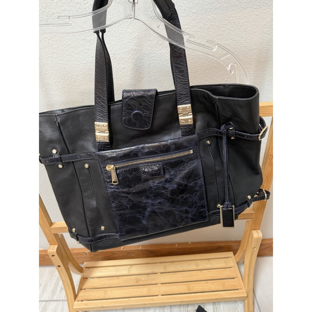 GRYSON Black Leather Tote Bag, Gold Hardware, Zipper & Studded Accents